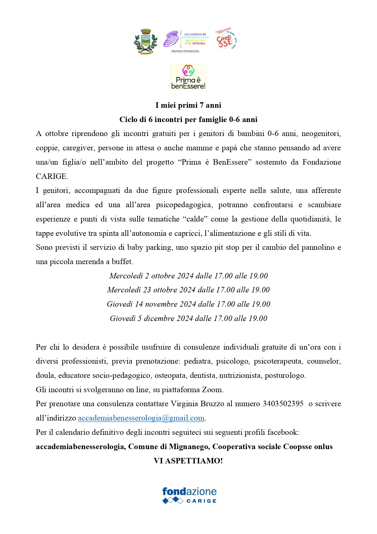 I miei primi 7 anni, incontri di gruppo per famiglie e consulenze individuali gratuite